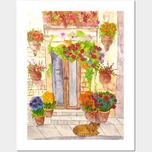 Mediterranean Villa with Flowers and a Cat! Posters and Art